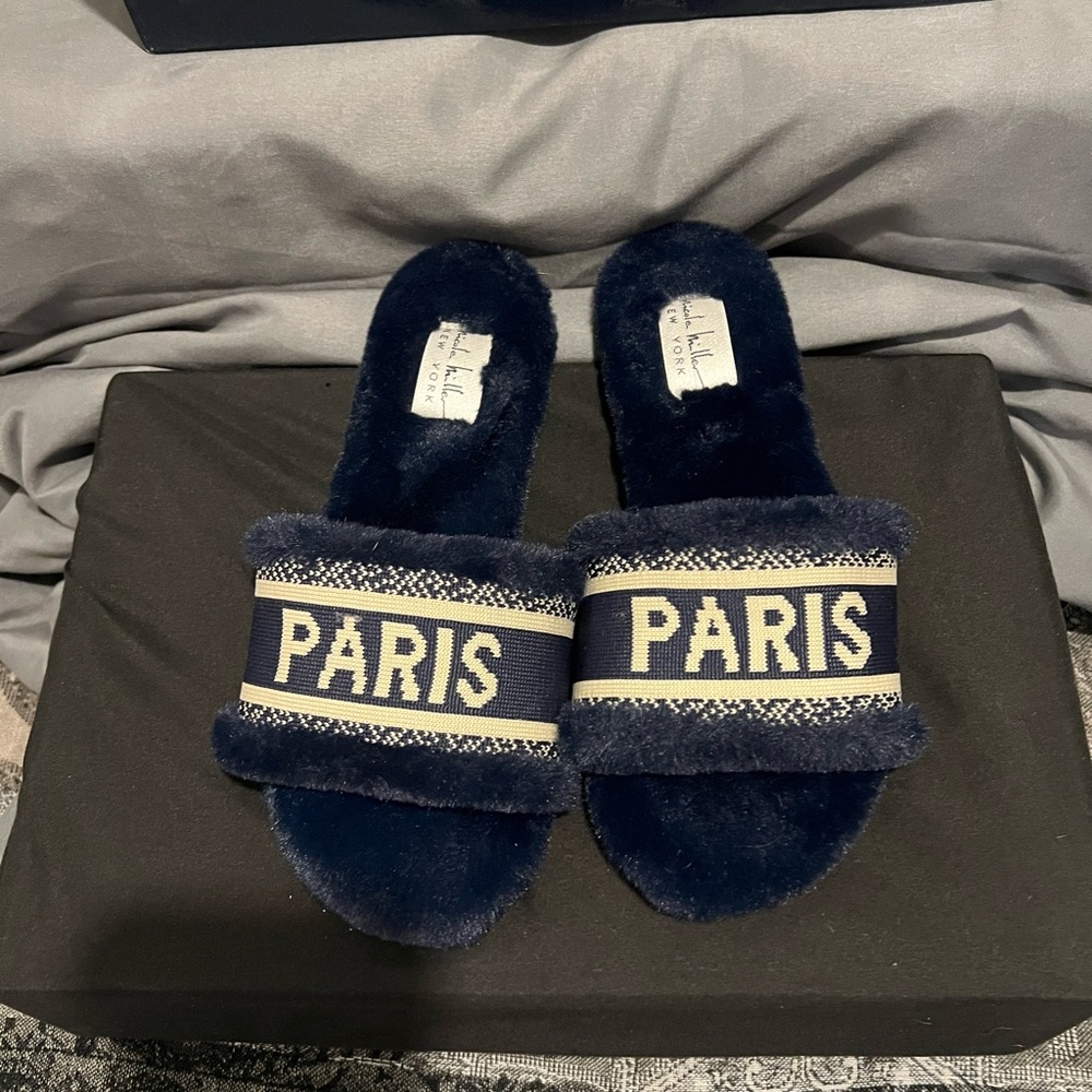 Blue Fuzzy Paris Slides